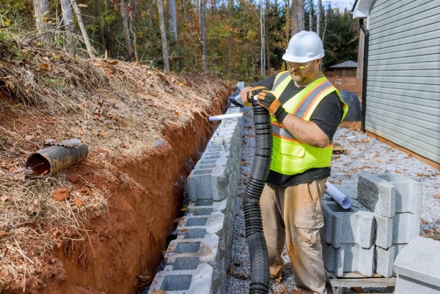 A construction worker in a safety vest and helmet installs a drainage pipe along a concrete block retaining wall, enhancing the landscaping at a work site next to a house and dirt embankment.