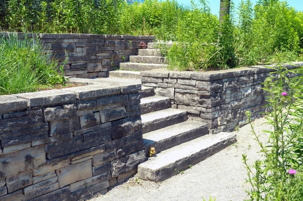 Stone steps and terraced retaining walls showcase thoughtful hardscape design, surrounded by green plants and tall grass under a bright blue sky on a sunny day.